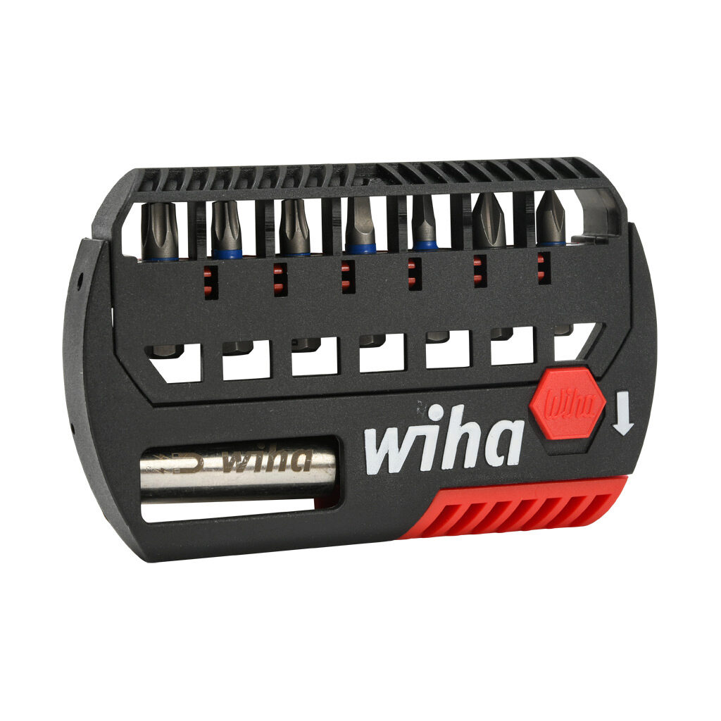 WT70098 - Wiha TerminatorBlue impact driver bit set, Phillips, Torx and square, 8 pieces, 1in bit length, 1/4in drive.