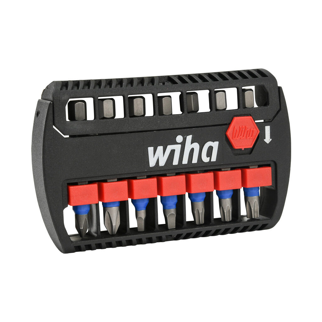 WT70298 - Wiha TerminatorBlue impact driver bit set, Phillips, Torx and square, 7 pieces, 2in bit length, 1/4in drive.