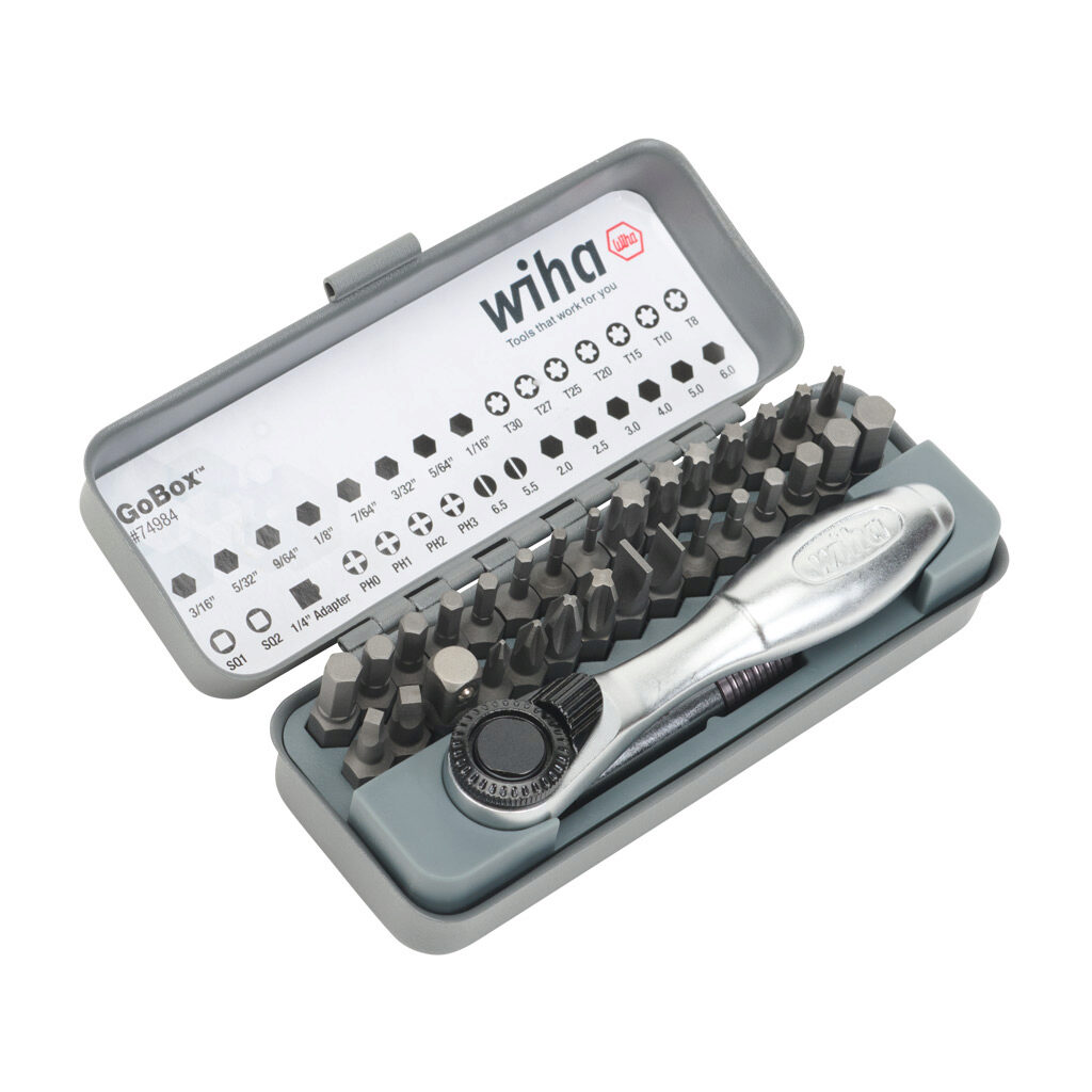WT74984 - Wiha standard driver bit set, ratcheting, Phillips, Torx, slotted, external hex and square, 32 pieces, 1in bit length, 1/4in drive, imperial and metric.