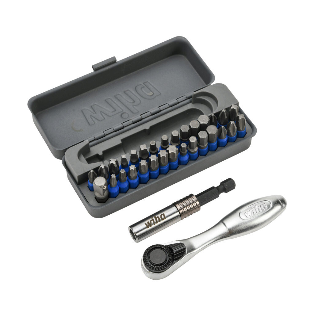 WT76889 - Wiha TerminatorBlue impact driver bit set, Phillips, Torx, external hex and Pozidriv, 32 pieces, 1in bit length, 1/4in drive, imperial and metric.