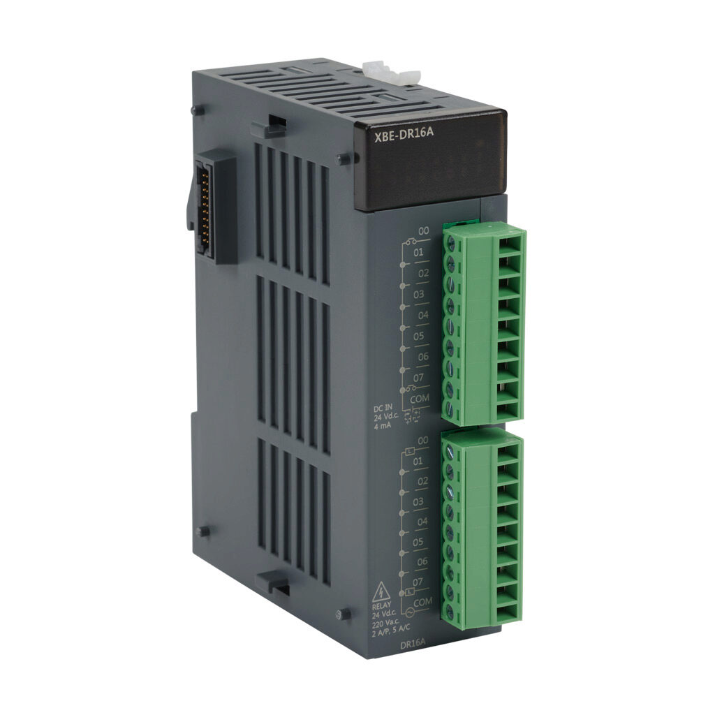 XBE-DR16A - LS Electric XGB discrete combo module, Input: 8-point, 24 VDC, sinking/sourcing, Output: 8-point, 125 VDC/250 VAC, relay, (8) Form A (SPST) relays, 2A/point, 5A/common. Removable terminal blocks included.