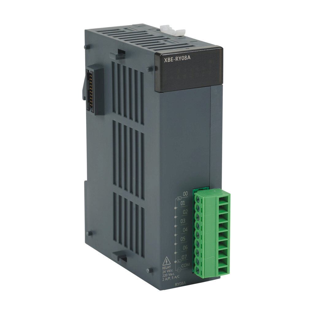 XBE-RY08A - LS Electric XGB relay output module, 8-point, 125 VDC/250 VAC, (8) Form A, 1 common(s), 8 point(s) per common, 2A/point, 5A/common. Removable terminal block included.
