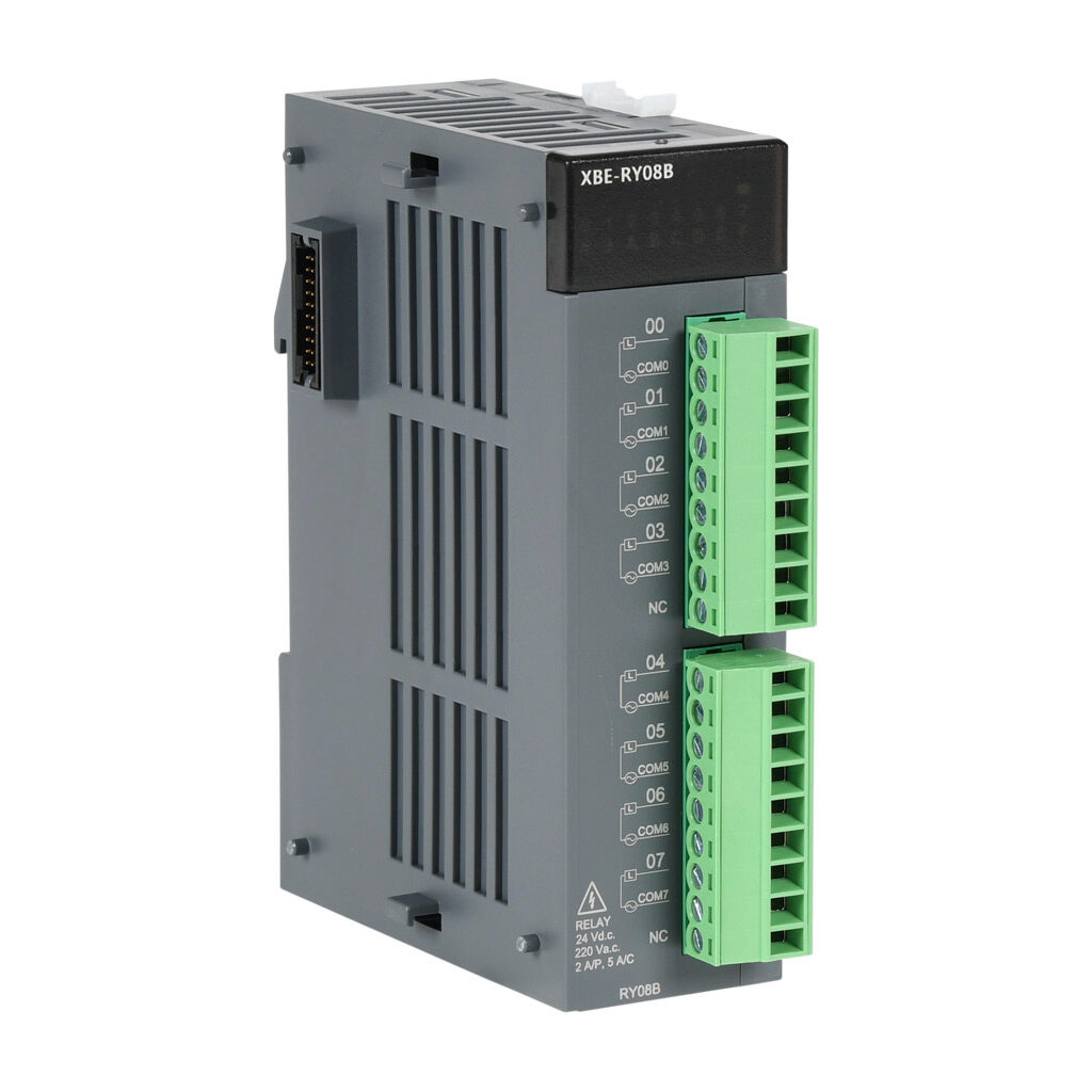 XBE-RY08B - LS Electric XGB relay output module, 8-point, 125 VDC/250 VAC, (8) Form A, 8 isolated common(s), 1 point(s) per common, 2A/point. Removable terminal blocks included.
