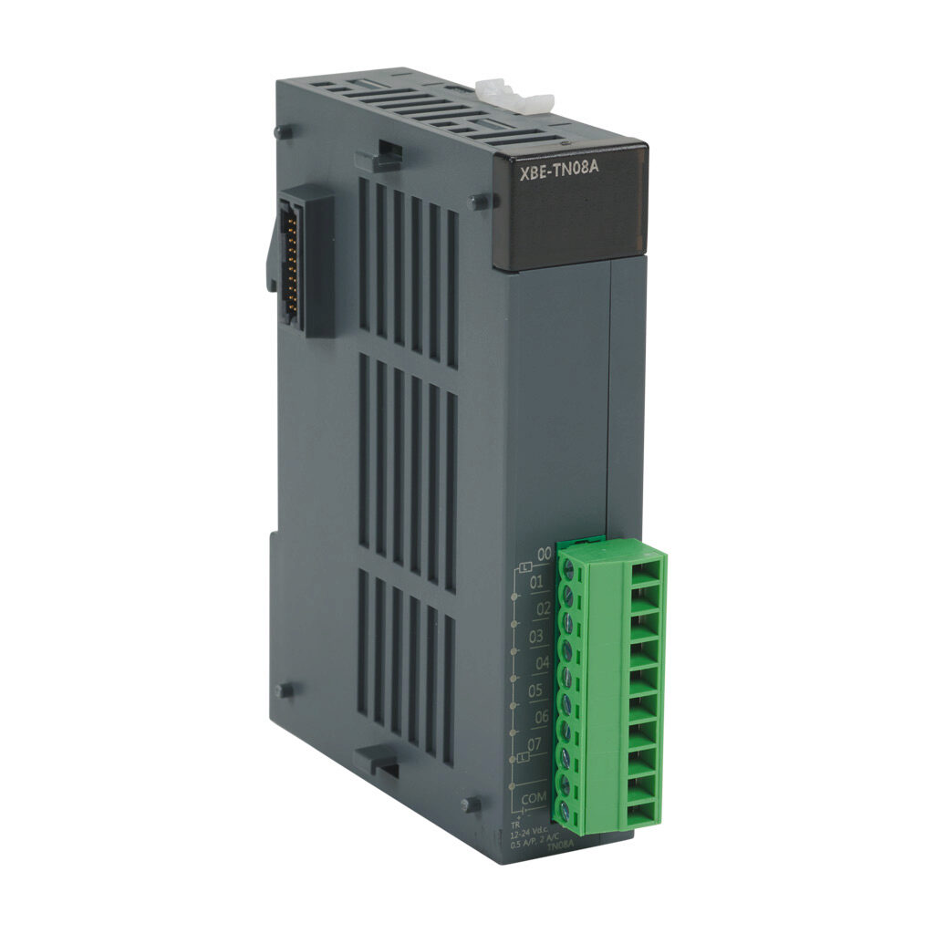 XBE-TN08A - LS Electric XGB discrete output module, 8-point, 12-24 VDC, sinking, 1 common(s), 8 point(s) per common, 0.5A/point, 2A/common. Removable terminal blocks included.