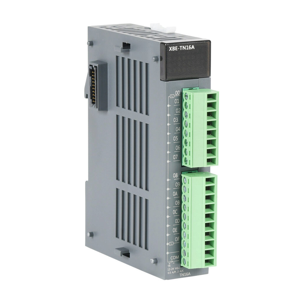 XBE-TN16A - LS Electric XGB discrete output module, 16-point, 12-24 VDC, sinking, 1 common(s), 16 point(s) per common, 0.5A/point, 2A/common. Removable terminal blocks included.
