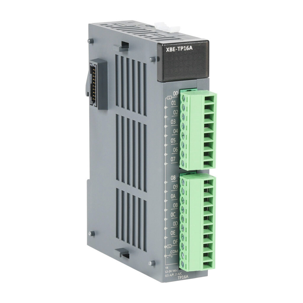 XBE-TP16A - LS Electric XGB discrete output module, 16-point, 12-24 VDC, sourcing, 1 common(s), 16 point(s) per common, 0.5A/point, 2A/common. Removable terminal blocks included.