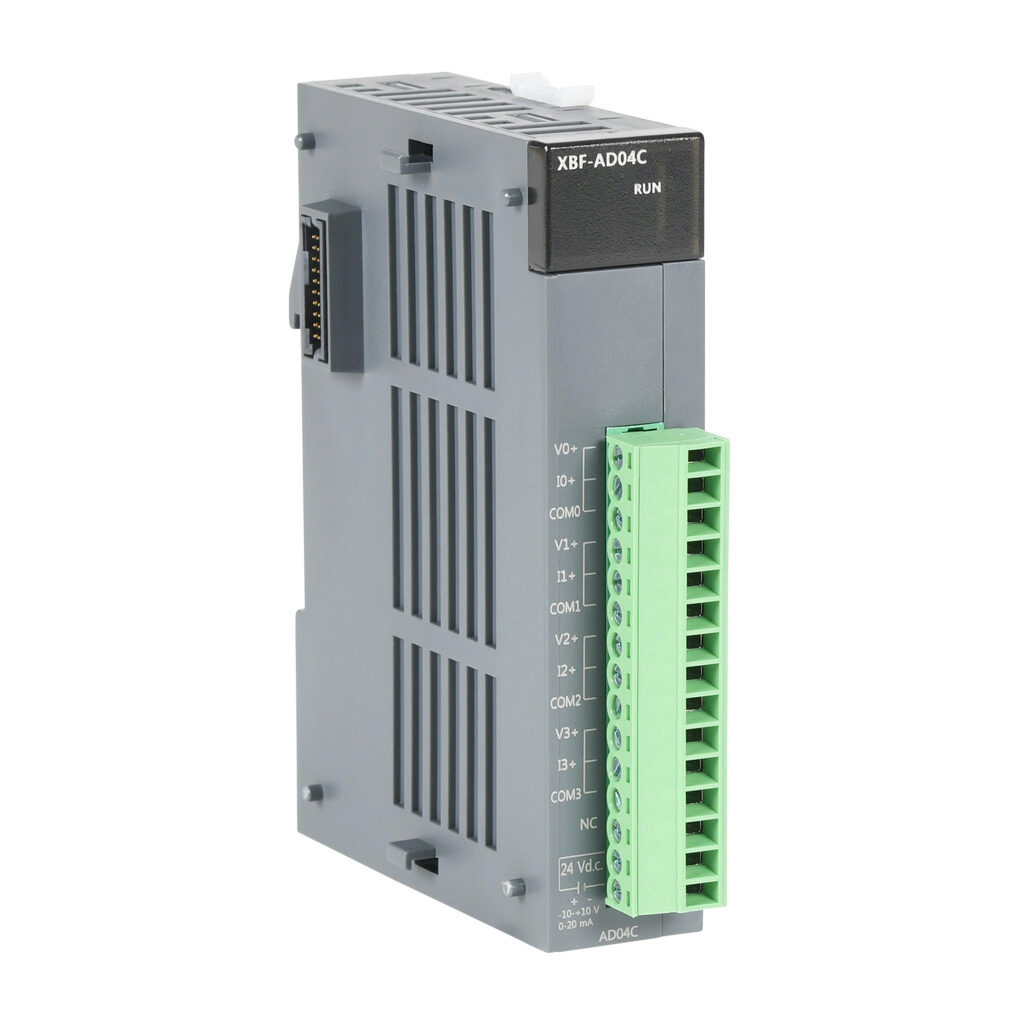 XBF-AD04C - LS Electric XGB analog input module, 4-channel, current/voltage, 14-bit, external 24 VDC required.