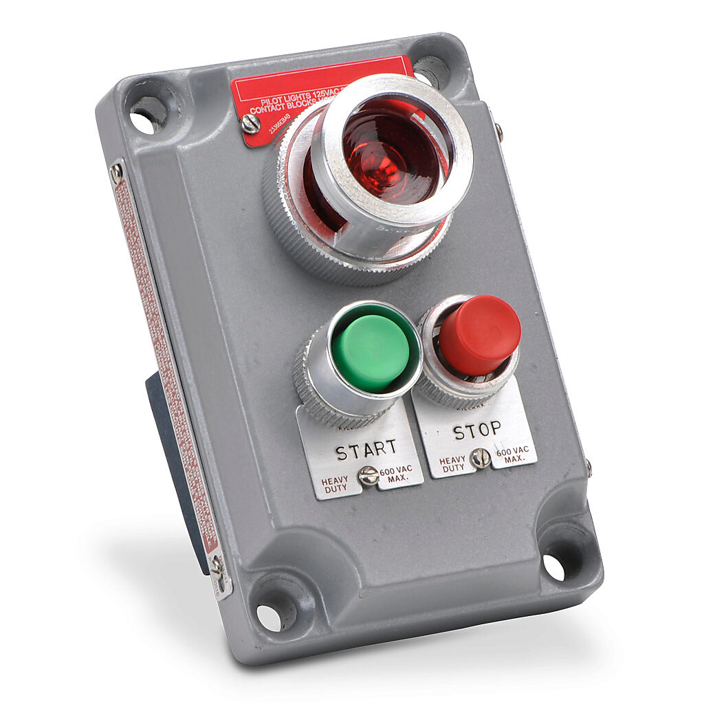 XCS-0A15D - Killark control station cover assembly, hazardous location rated, single pilot light, two mini-pushbuttons, red/green, 110 VAC/VDC LED, red, momentary, (1) N.O./(1) N.C. contact(s), blank legend plate(s), legend plate marking "START, S...