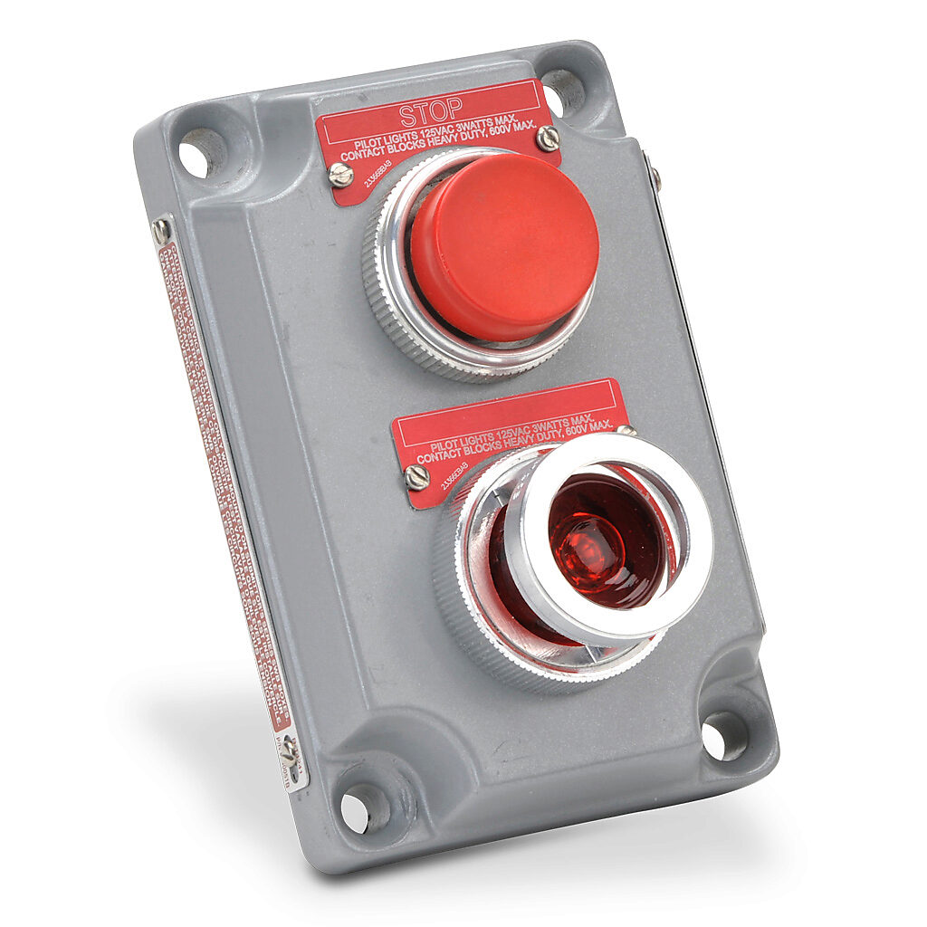XCS-0B13-CD - Killark control station cover assembly, hazardous location rated, single pilot light, single pushbutton, red, 110 VAC/VDC LED, red, momentary, (1) N.C. contact(s), blank legend plate(s), legend plate marking "STOP".
