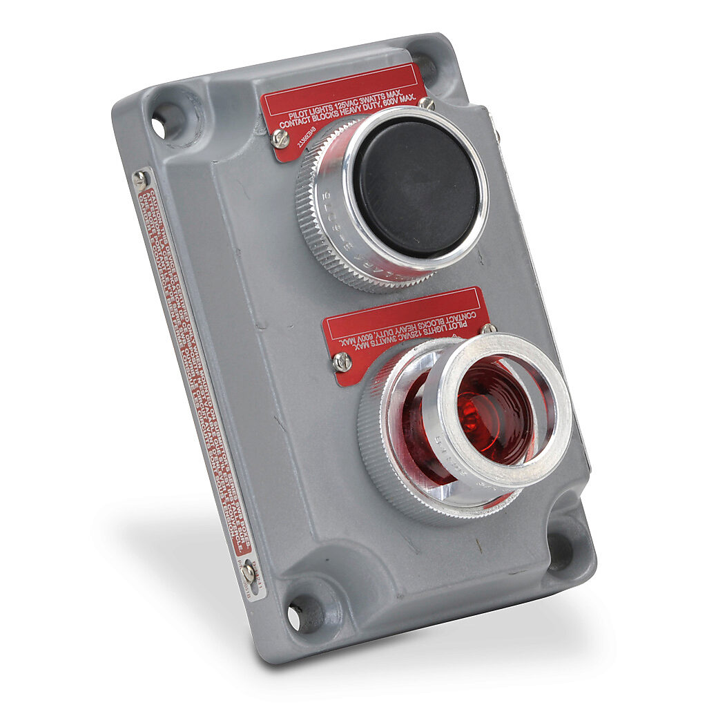 XCS-0B13-UD - Killark control station cover assembly, hazardous location rated, single pilot light, single pushbutton, black, 110 VAC/VDC LED, red, momentary, (1) N.O./(1) N.C. contact(s), (2) blank legend plate(s).