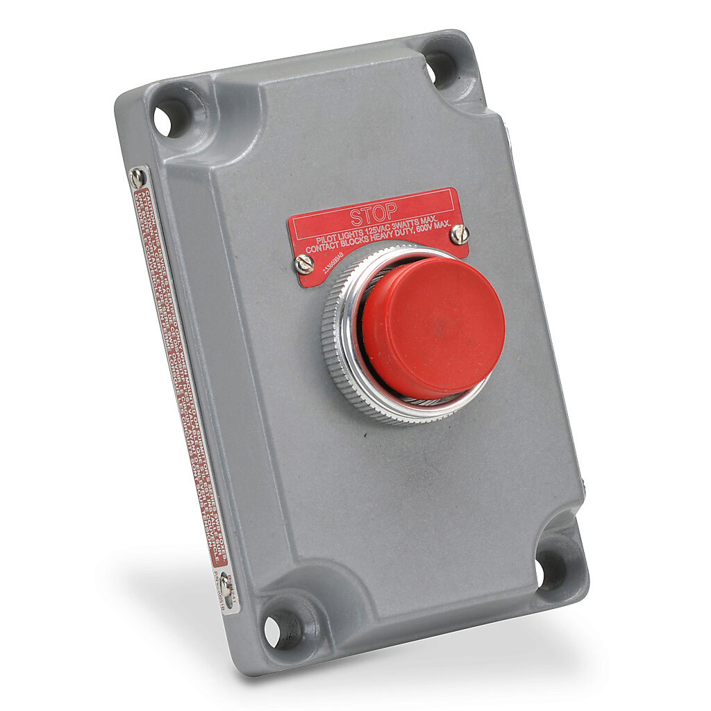 XCS-0B2 - Killark control station cover assembly, hazardous location rated, (1) pushbutton, red, momentary, (1) N.C. contact(s), legend plate marking "STOP".