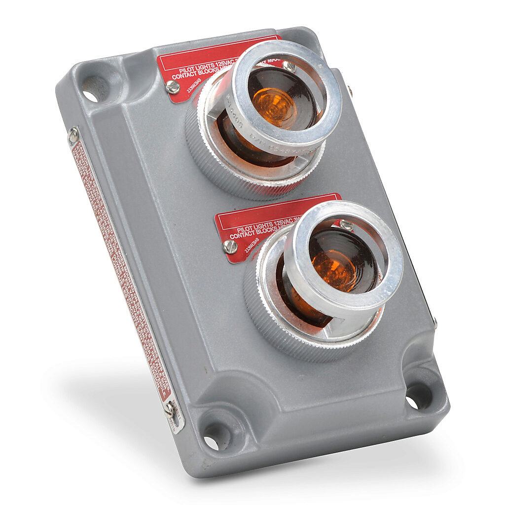 XCS-0B30ALD - Killark control station cover assembly, hazardous location rated, two pilot lights, indicating light, amber/amber, 110 VAC/VDC LED, amber, operator only, (2) blank legend plate(s).