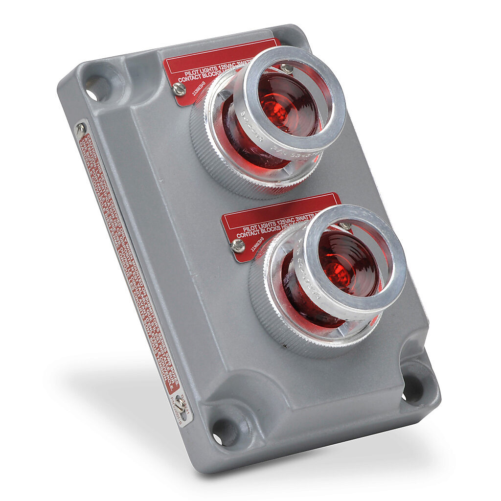 XCS-0B30RLD - Killark control station cover assembly, hazardous location rated, two pilot lights, indicating light, red/red, 110 VAC/VDC LED, red, operator only, (2) blank legend plate(s).