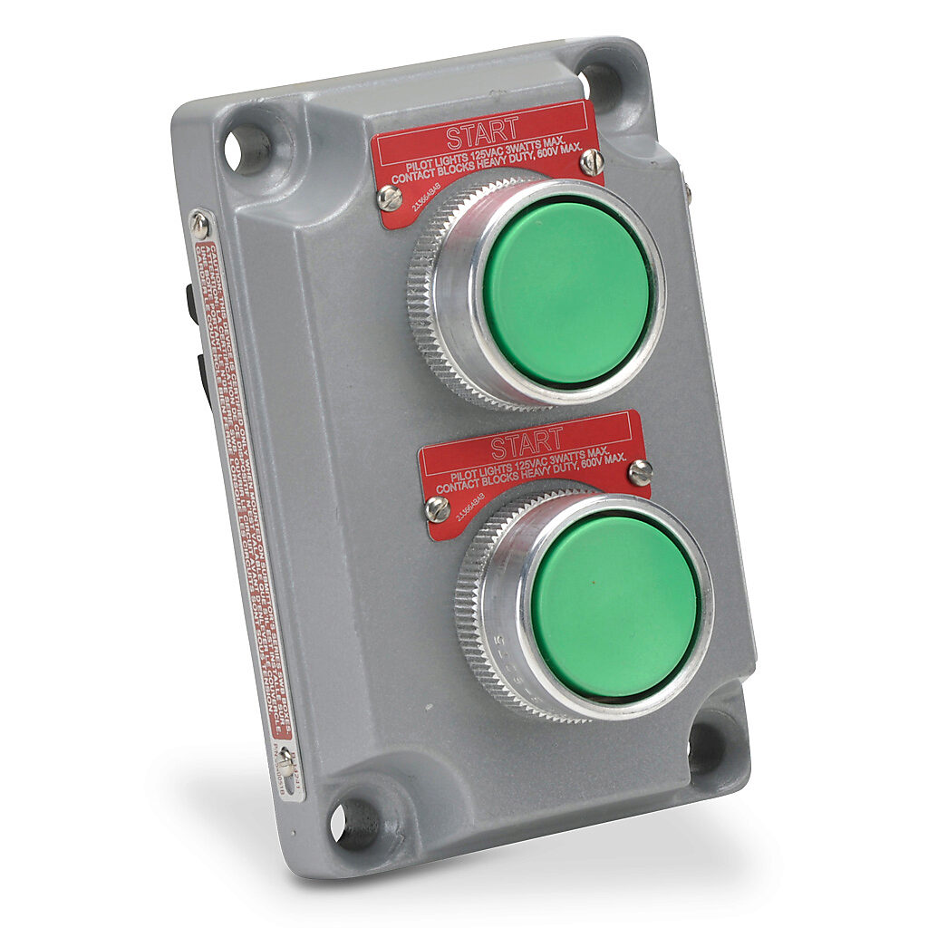 XCS-0B5 - Killark control station cover assembly, hazardous location rated, two pushbuttons, green/green, momentary, (1) N.O. and (1) N.O. contact(s), legend plate marking "START / START".