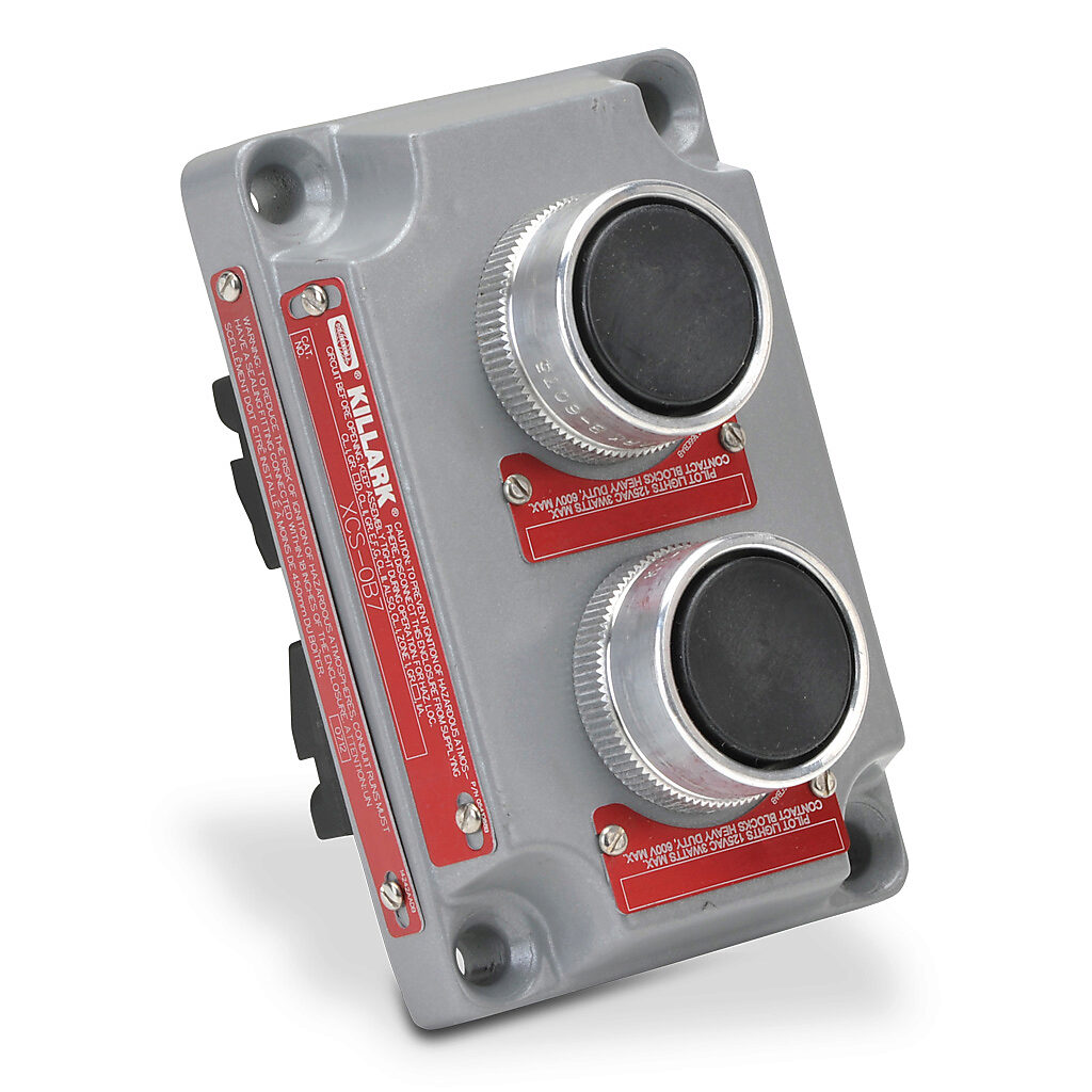 XCS-0B7 - Killark control station cover assembly, hazardous location rated, two pushbuttons, black/black, momentary, (1) N.O/(1) N.C. and (1) N.O/(1) N.C. contact(s), (2) blank legend plate(s).