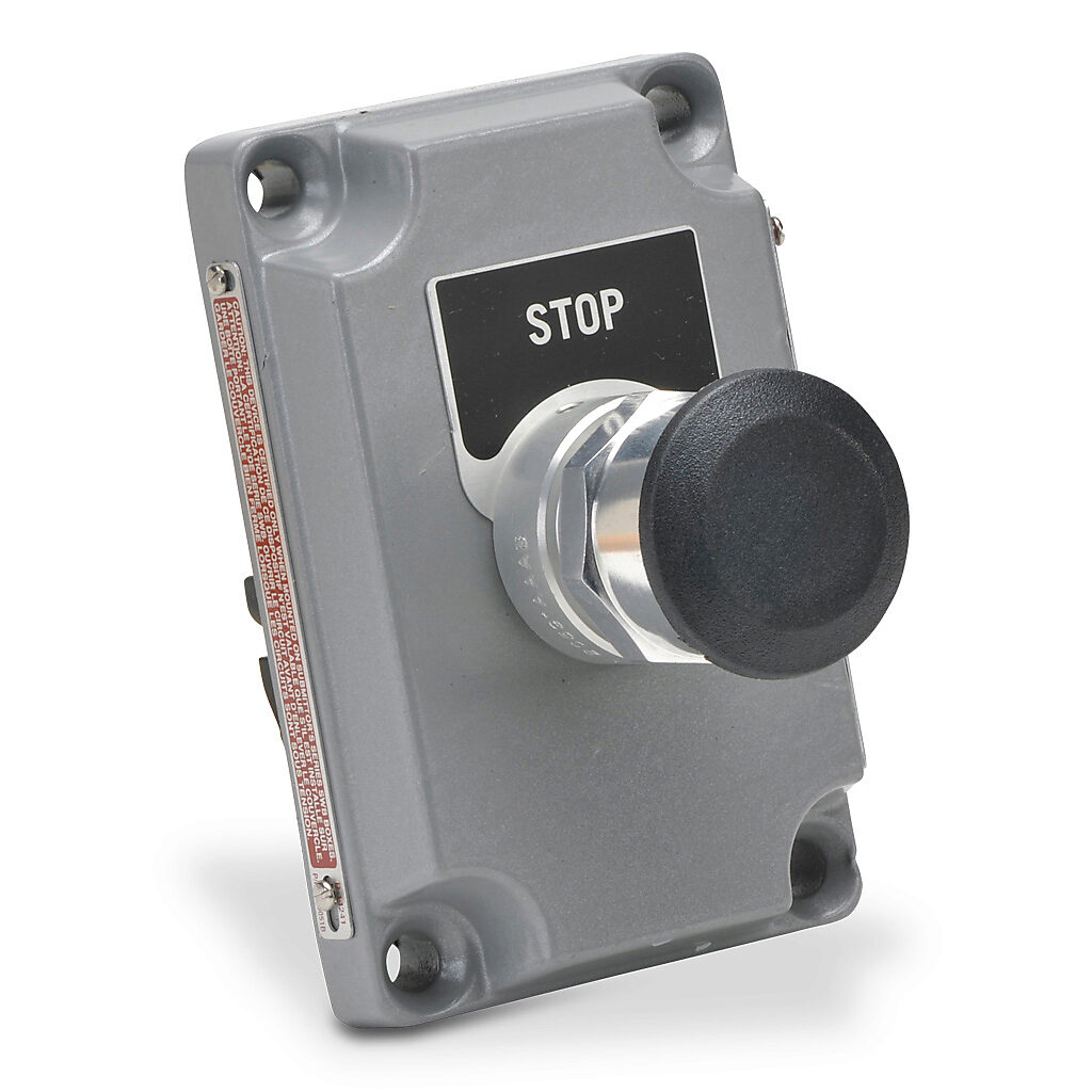 XCS-0MMK3 - Killark control station cover assembly, hazardous location rated, (1) pushbutton, mushroom, black, push-pull, (1) N.O./(1) N.C. contact(s), (3) two-sided legend plate(s), legend plate marking "START, STOP / EMERGENCY STOP, RESET / blan...
