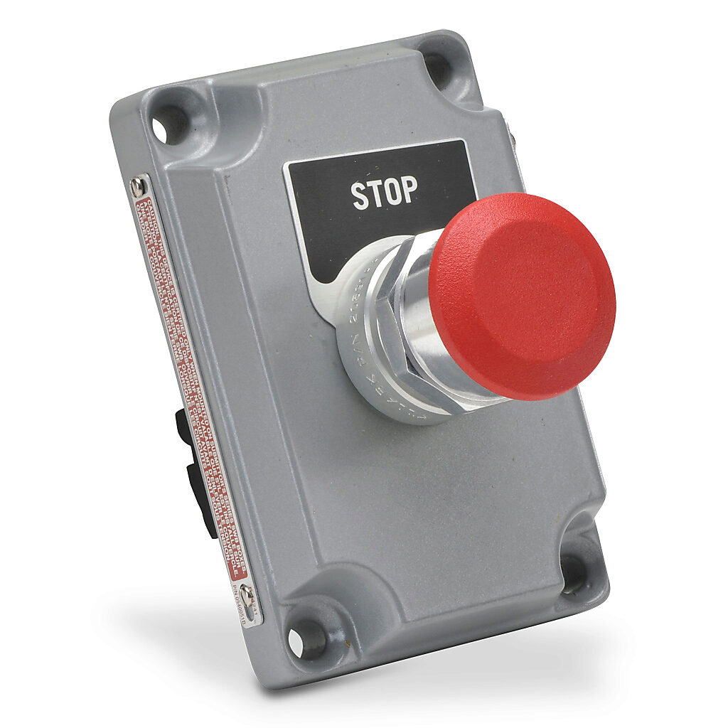 XCS-0MMR3 - Killark control station cover assembly, hazardous location rated, (1) pushbutton, mushroom, red, push-pull, (1) N.O./(1) N.C. contact(s), (3) two-sided legend plate(s), legend plate marking "START, STOP / EMERGENCY STOP, RESET / blank,...