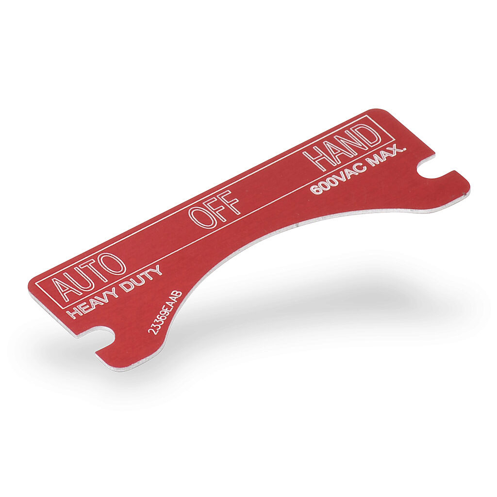 XCSNP-AUT-OFF-HAND - Killark legend plate, aluminum, rectangular, red background, white engraved text, legend plate marking "AUTO OFF HAND". For use with FXCS and XCS series control stations. Mounting screws included.