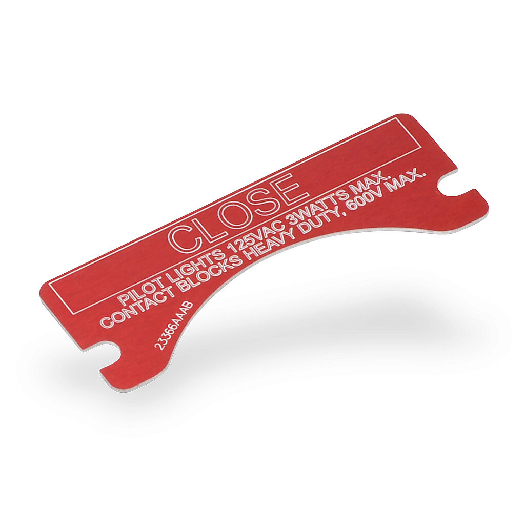 XCSNP-CLOSE - Killark legend plate, aluminum, rectangular, red background, white engraved text, legend plate marking "CLOSE". For use with FXCS and XCS series control stations. Mounting screws included.