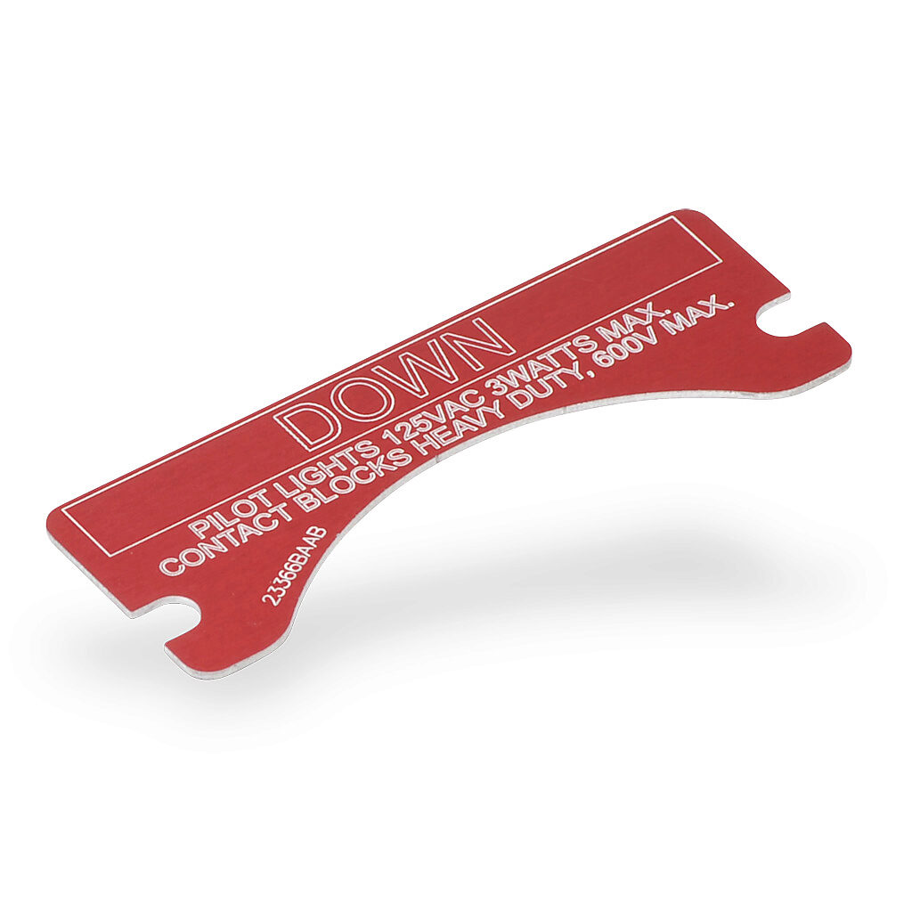 XCSNP-DOWN - Killark legend plate, aluminum, rectangular, red background, white engraved text, legend plate marking "DOWN". For use with FXCS and XCS series control stations. Mounting screws included.