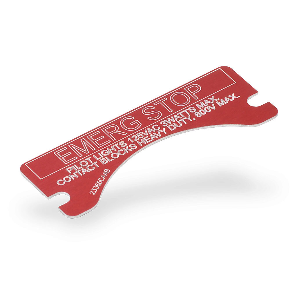 XCSNP-ESTOP - Killark legend plate, aluminum, rectangular, red background, white engraved text, legend plate marking "EMERG STOP". For use with FXCS and XCS series control stations. Mounting screws included.