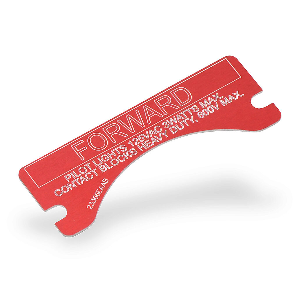 XCSNP-FORWARD - Killark legend plate, aluminum, rectangular, red background, white engraved text, legend plate marking "FORWARD". For use with FXCS and XCS series control stations. Mounting screws included.