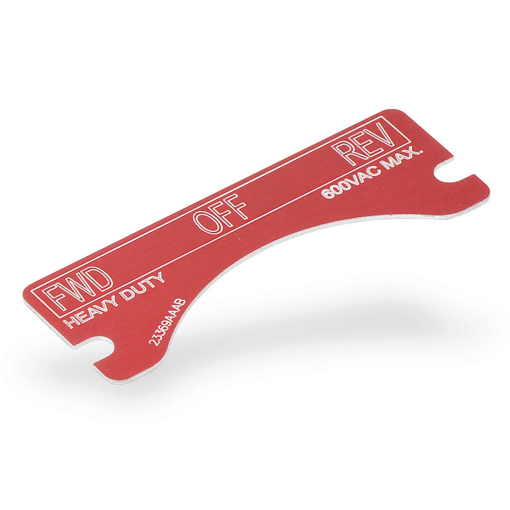 XCSNP-FWD-OFF-REV - Killark legend plate, aluminum, rectangular, red background, white engraved text, legend plate marking "FWD OFF REV". For use with FXCS and XCS series control stations. Mounting screws included.