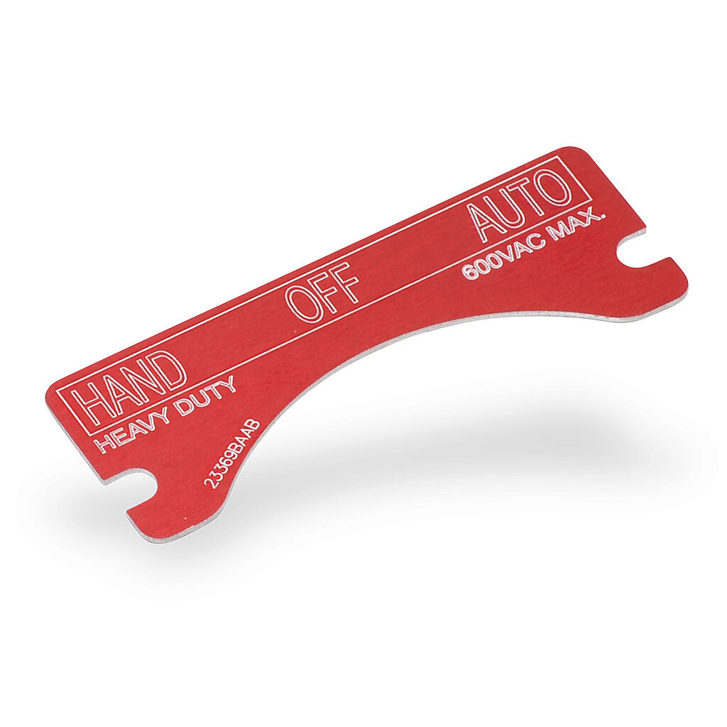 XCSNP-HAND-OFF-AUT - Killark legend plate, aluminum, rectangular, red background, white engraved text, legend plate marking "HAND OFF AUTO". For use with FXCS and XCS series control stations. Mounting screws included.