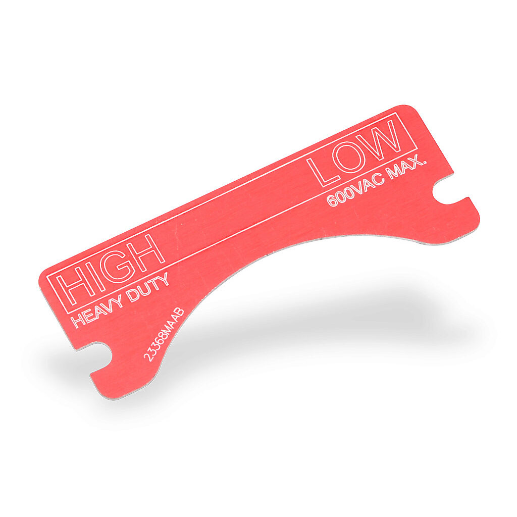 XCSNP-HIGH-LOW - Killark legend plate, aluminum, rectangular, red background, white engraved text, legend plate marking "HIGH LOW". For use with FXCS and XCS series control stations. Mounting screws included.