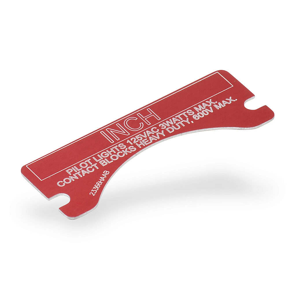 XCSNP-INCH - Killark legend plate, aluminum, rectangular, red background, white engraved text, legend plate marking "INCH". For use with FXCS and XCS series control stations. Mounting screws included.