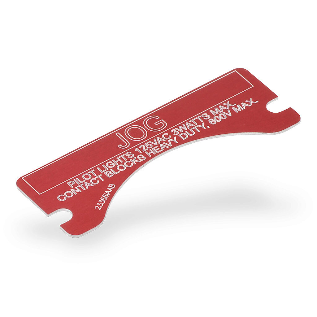 XCSNP-JOG - Killark legend plate, aluminum, rectangular, red background, white engraved text, legend plate marking "JOG". For use with FXCS and XCS series control stations. Mounting screws included.