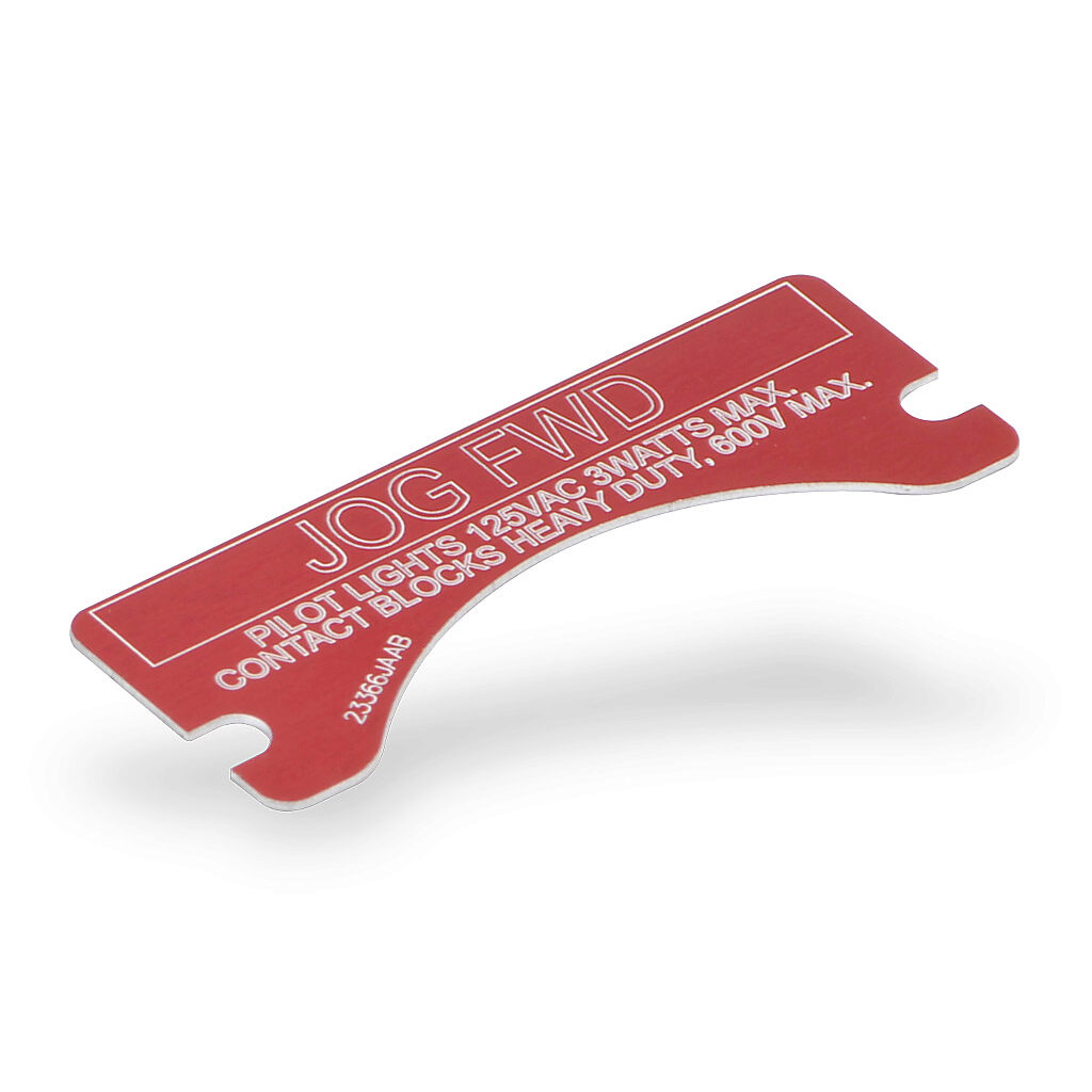 XCSNP-JOG-FORWARD - Killark legend plate, aluminum, rectangular, red background, white engraved text, legend plate marking "JOG FWD". For use with FXCS and XCS series control stations. Mounting screws included.