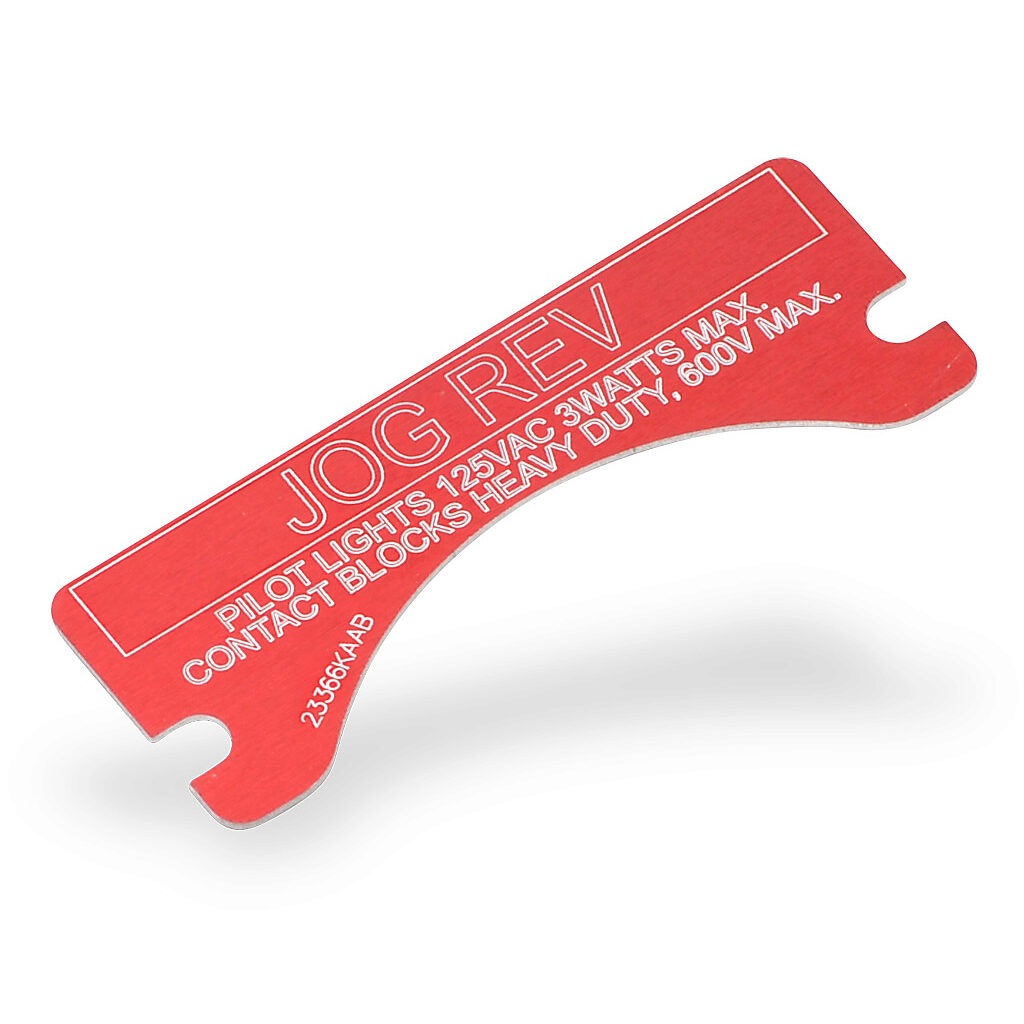 XCSNP-JOG-REVERSE - Killark legend plate, aluminum, rectangular, red background, white engraved text, legend plate marking "JOG REV". For use with FXCS and XCS series control stations. Mounting screws included.