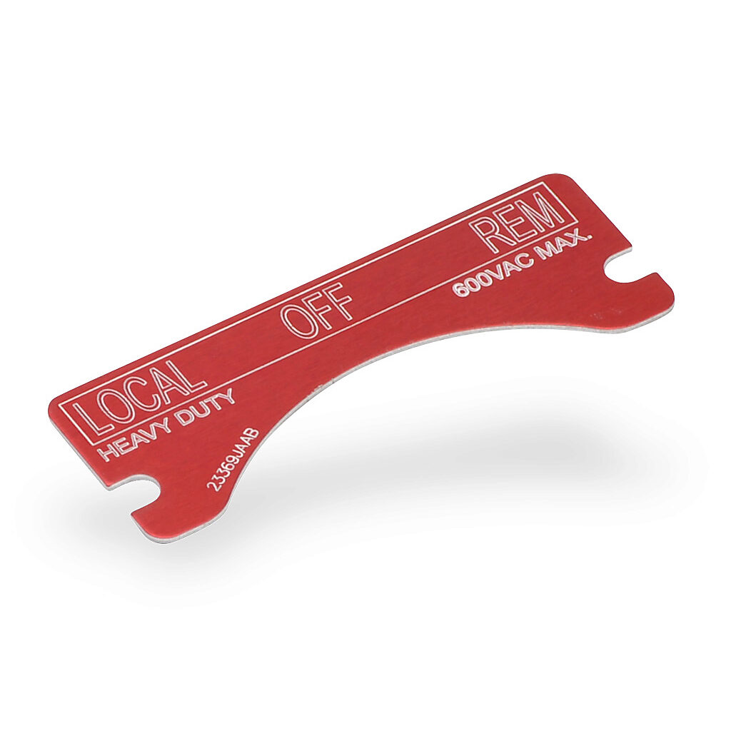 XCSNP-LOCL-OFF-REM - Killark legend plate, aluminum, rectangular, red background, white engraved text, legend plate marking "LOCAL OFF REM". For use with FXCS and XCS series control stations. Mounting screws included.
