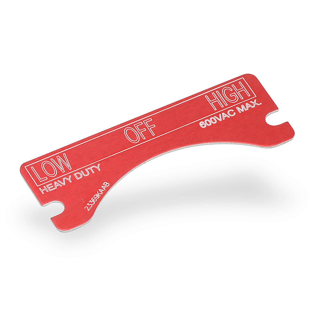 XCSNP-LOW-OFF-HIGH - Killark legend plate, aluminum, rectangular, red background, white engraved text, legend plate marking "LOW OFF HIGH". For use with FXCS and XCS series control stations. Mounting screws included.