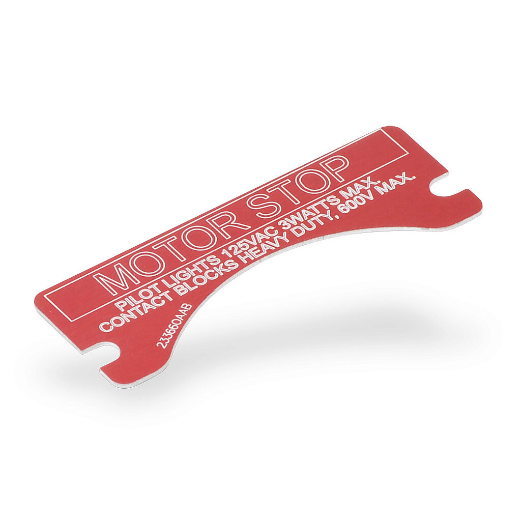 XCSNP-MOTOR-STOP - Killark legend plate, aluminum, rectangular, red background, white engraved text, legend plate marking "MOTOR STOP". For use with FXCS and XCS series control stations. Mounting screws included.