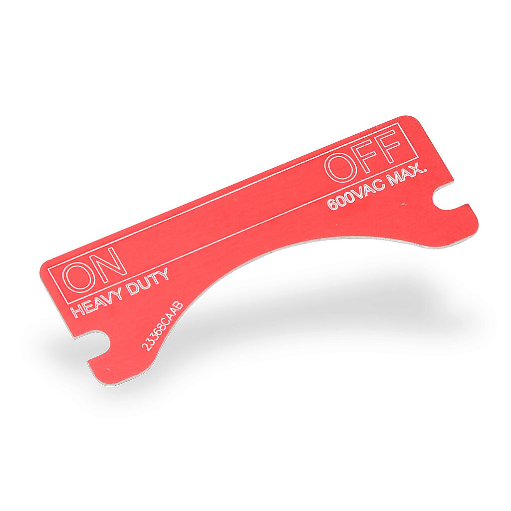 XCSNP-ON-OFF - Killark legend plate, aluminum, rectangular, red background, white engraved text, legend plate marking "ON OFF". For use with FXCS and XCS series control stations. Mounting screws included.