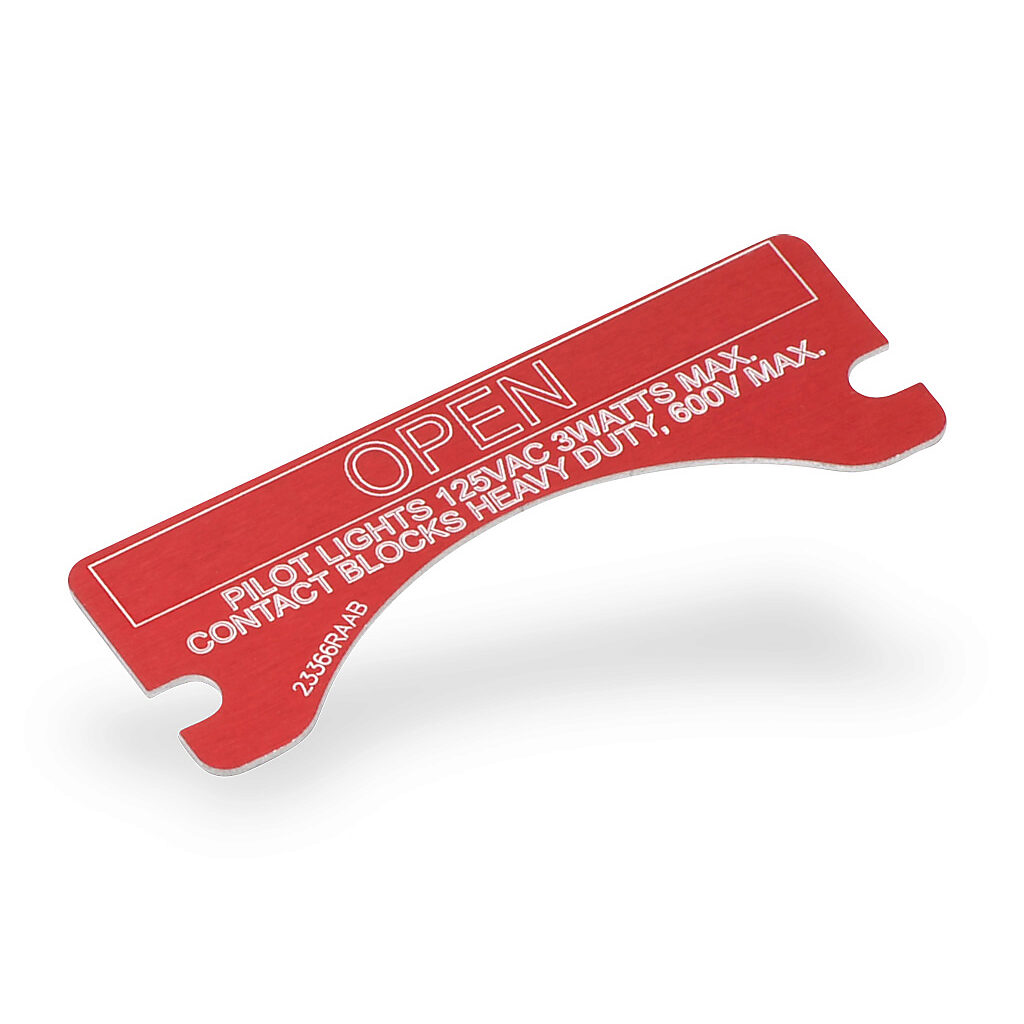 XCSNP-OPEN - Killark legend plate, aluminum, rectangular, red background, white engraved text, legend plate marking "OPEN". For use with FXCS and XCS series control stations. Mounting screws included.