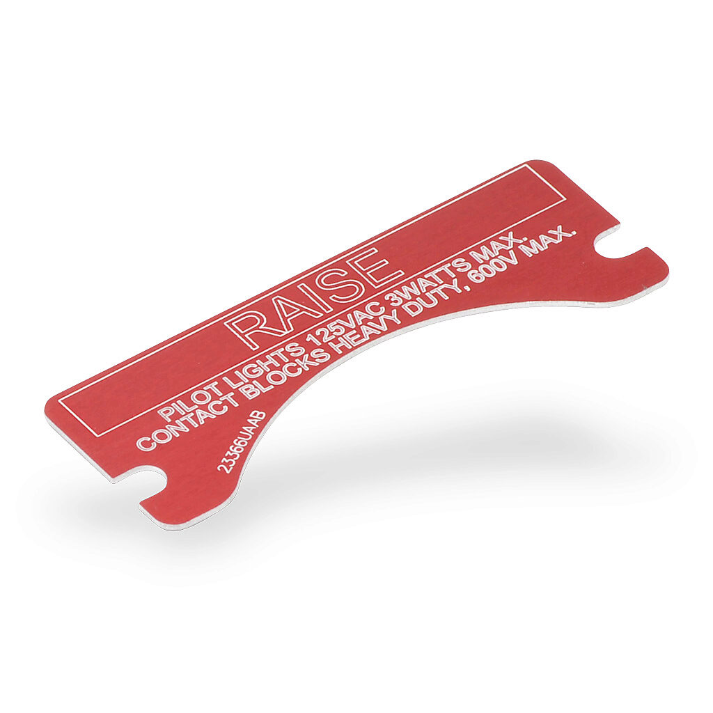 XCSNP-RAISE - Killark legend plate, aluminum, rectangular, red background, white engraved text, legend plate marking "RAISE". For use with FXCS and XCS series control stations. Mounting screws included.
