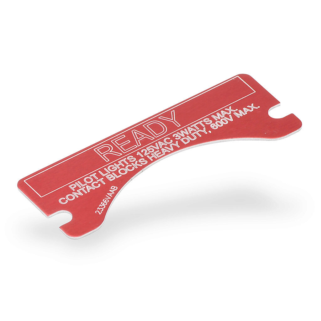 XCSNP-READY - Killark legend plate, aluminum, rectangular, red background, white engraved text, legend plate marking "READY". For use with FXCS and XCS series control stations. Mounting screws included.