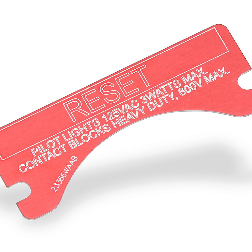XCSNP-RESET - Killark legend plate, aluminum, rectangular, red background, white engraved text, legend plate marking "RESET". For use with FXCS and XCS series control stations. Mounting screws included.