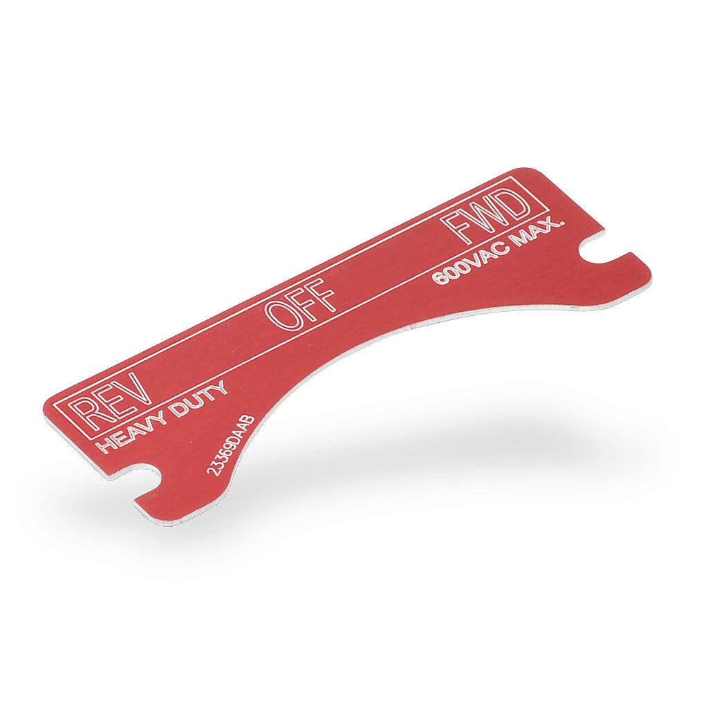 XCSNP-REV-OFF-FWD - Killark legend plate, aluminum, rectangular, red background, white engraved text, legend plate marking "REV OFF FWD". For use with FXCS and XCS series control stations. Mounting screws included.