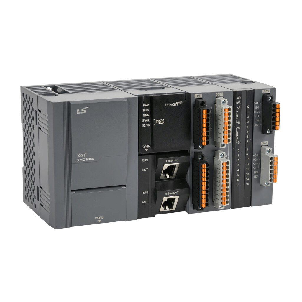 XMC-E08A - LS Electric XMC programmable motion controller, microSD card slot, Ethernet and USB B ports, EtherCAT Master and Modbus TCP, up to (8) axes and up to (9) virtual axes, external 100-240 VAC required. Optional XEL-BSSCT bus coupler for I/...