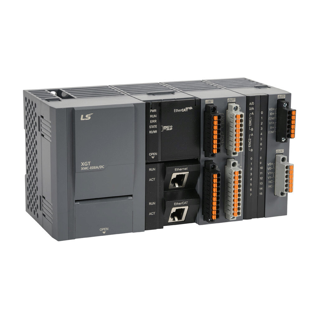 XMC-E08A-DC - LS Electric XMC programmable motion controller, microSD card slot, Ethernet and USB B ports, EtherCAT Master and Modbus TCP, up to (8) axes and up to (9) virtual axes, external 24 VDC required. Optional XEL-BSSCT bus coupler for I/O ...