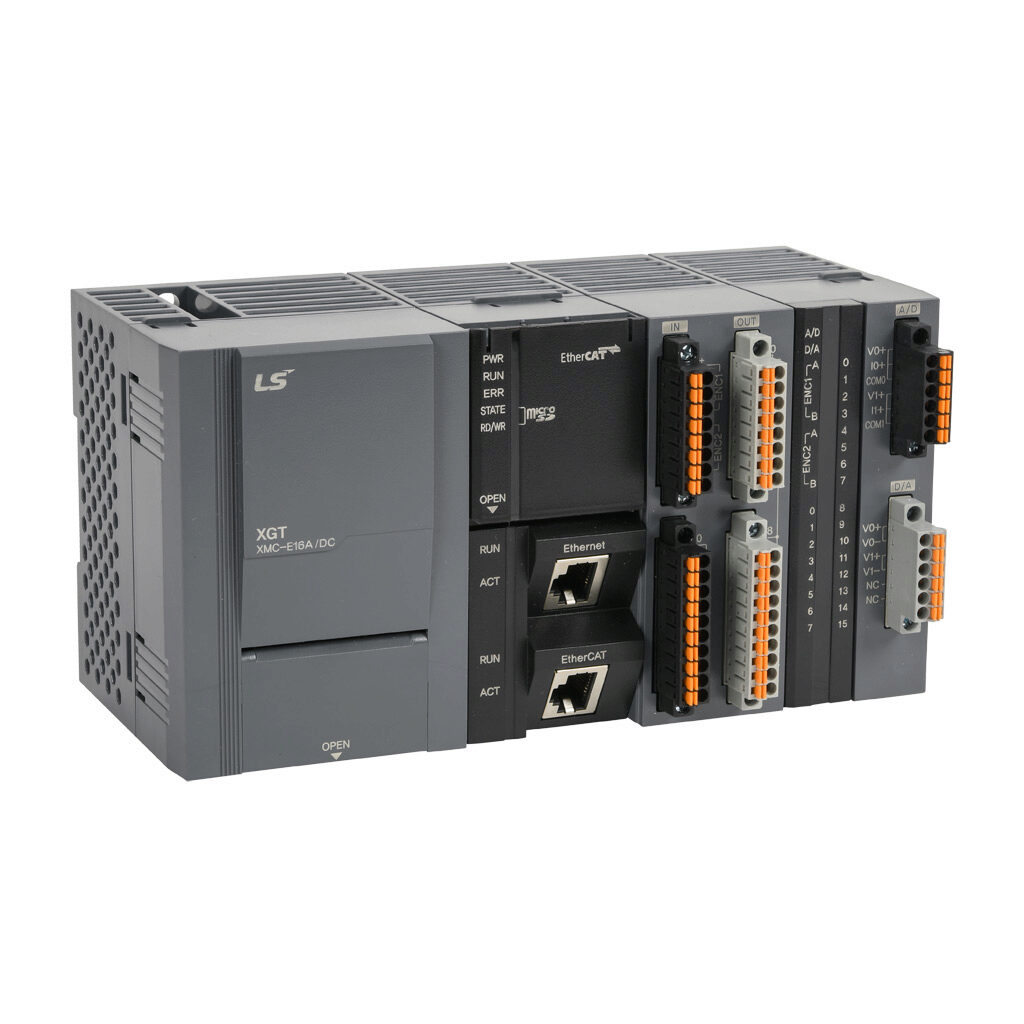 XMC-E16A-DC - LS Electric XMC programmable motion controller, microSD card slot, Ethernet and USB B ports, EtherCAT Master and Modbus TCP, up to (16) axes and up to (18) virtual axes, external 24 VDC required. Optional XEL-BSSCT bus coupler for I/...