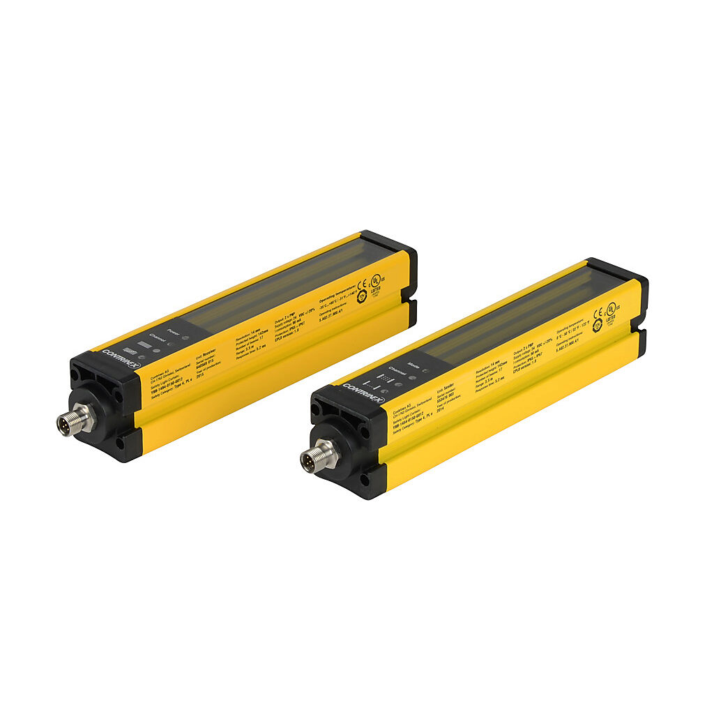 YBB-14K4-0150-G012 - Contrinex safety light curtain, sender/receiver pair, finger protection, 24 VDC, 14mm resolution, 137mm protected height, 0.25-3.5m operating distance, safety category Type 4, IP65 IP67, (2) 5-pin M12 quick-disconnects.