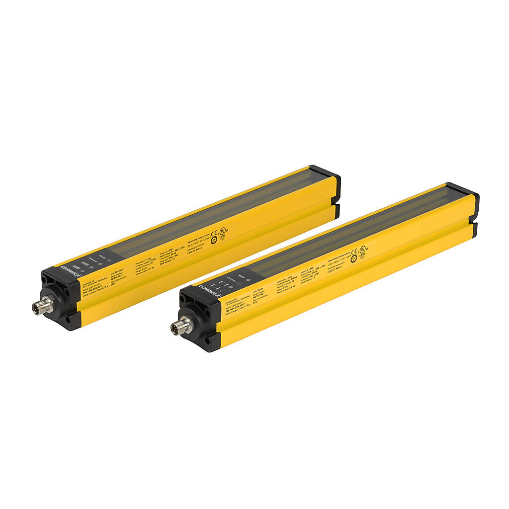 YBB-14K4-0250-G012 - Contrinex safety light curtain, sender/receiver pair, finger protection, 24 VDC, 14mm resolution, 266mm protected height, 0.25-3.5m operating distance, safety category Type 4, IP65 IP67, (2) 5-pin M12 quick-disconnects.
