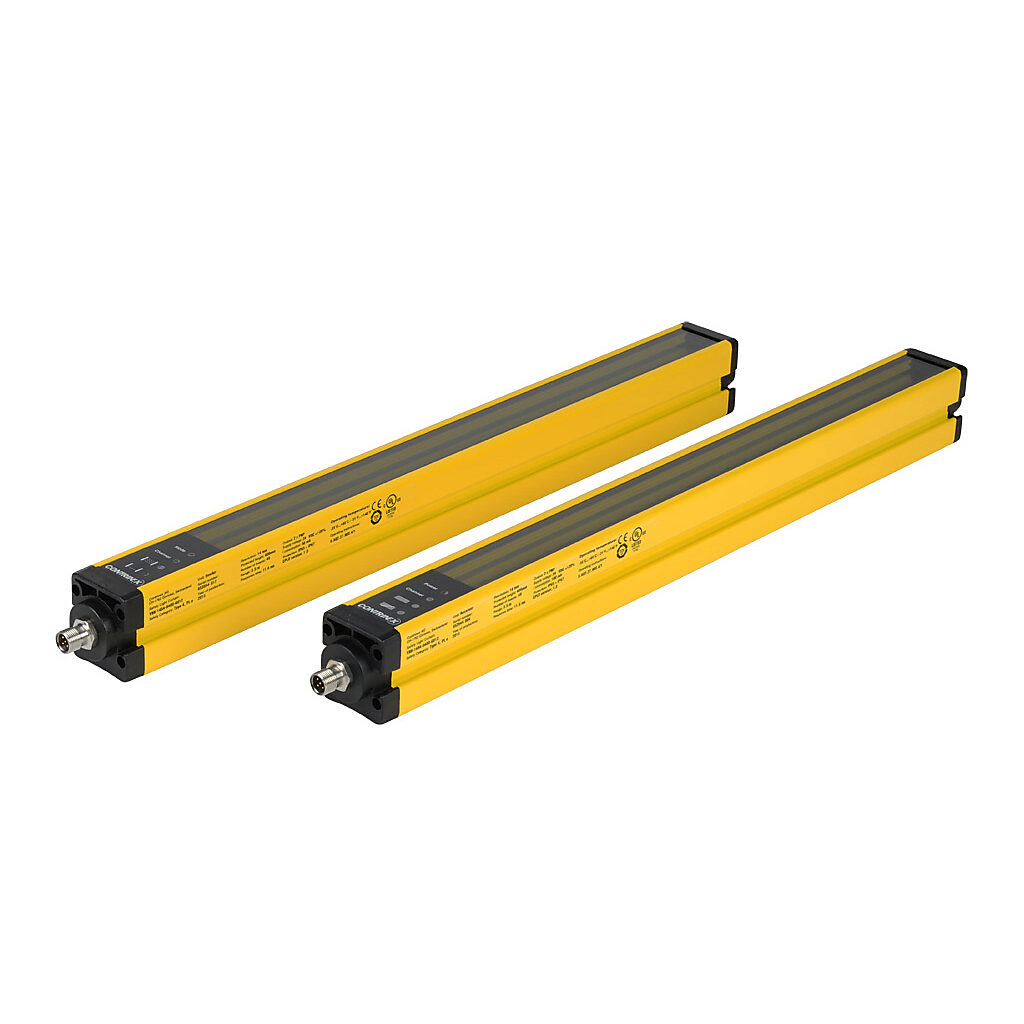 YBB-14K4-0400-G012 - Contrinex safety light curtain, sender/receiver pair, finger protection, 24 VDC, 14mm resolution, 395mm protected height, 0.25-3.5m operating distance, safety category Type 4, IP65 IP67, (2) 5-pin M12 quick-disconnects.