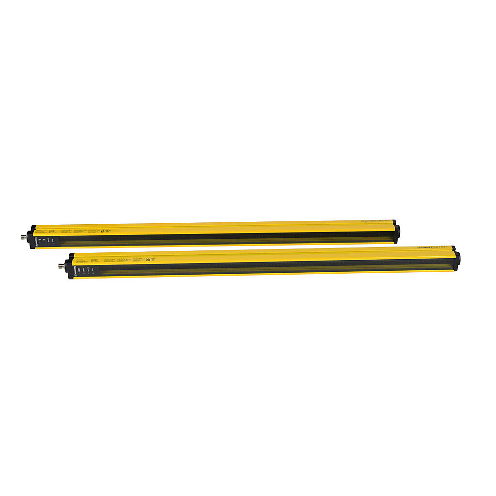YBB-14K4-0800-G012 - Contrinex safety light curtain, sender/receiver pair, finger protection, 24 VDC, 14mm resolution, 782mm protected height, 0.25-3.5m operating distance, safety category Type 4, IP65 IP67, (2) 5-pin M12 quick-disconnects.