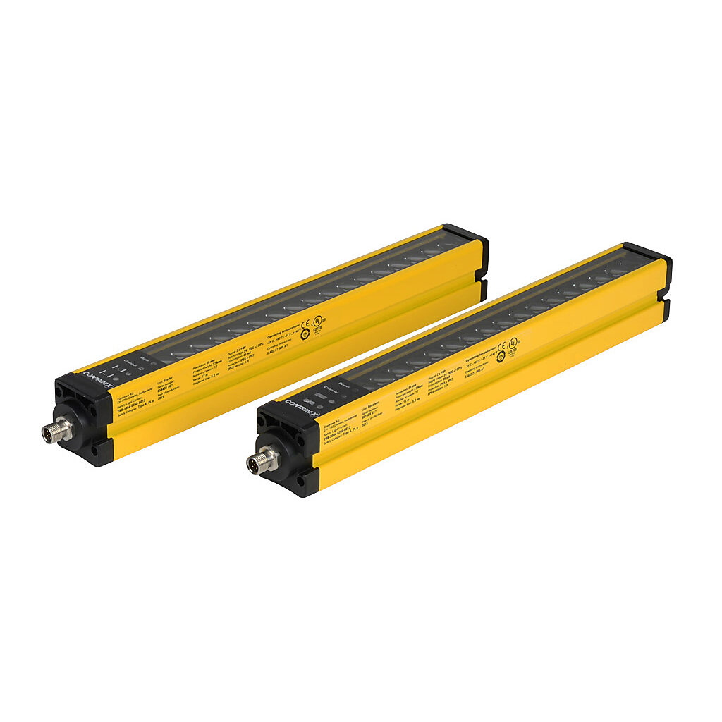 YBB-30K4-0250-G012 - Contrinex safety light curtain, sender/receiver pair, hand protection, 24 VDC, 30mm resolution, 274mm protected height, 0.25-12m operating distance, safety category Type 4, IP65 IP67, (2) 5-pin M12 quick-disconnects.